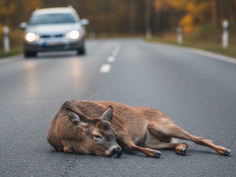 Angefahrenes Reh auf Straße