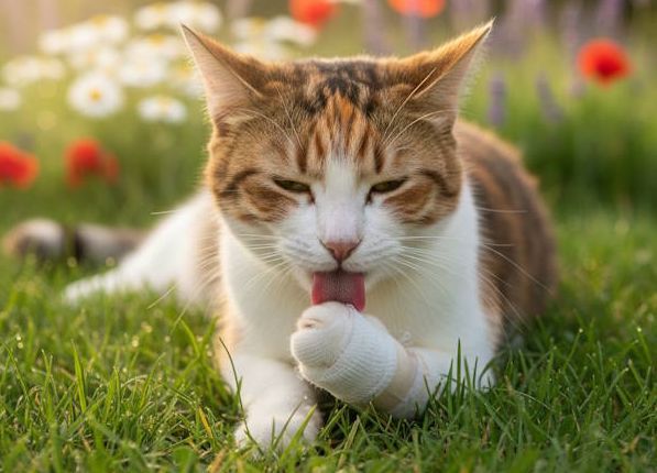 Katze leckt sich die verbundene Pfote